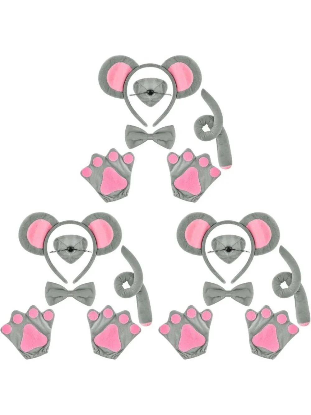 3 Blind Mice Costume Accessory Set - Ears, Tail, Nose, Bow Tie & Gloves for